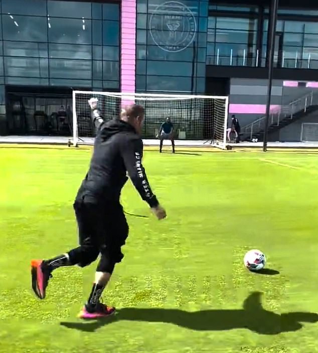 The 33-year-old was practicing free kicks with former Manchester United star David Beckham.