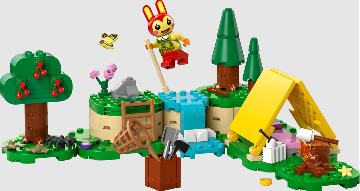 Bunny, as a Lego mini-figure, jumping over a waterfall