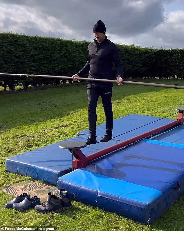 Challenging: Paddy learned how to be a tightrope walker as he shared a video on Instagram during training on Friday - ahead of his new show Don't Look Down.