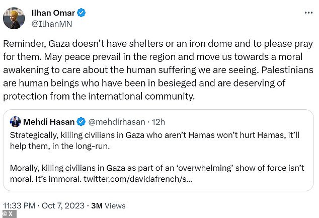 Omar called for 'international' protection in Gaza after Palestinian terror group Hamas launched surprise multi-front attacks in Israel on Saturday