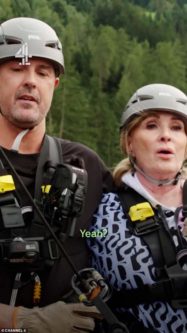 Terrifying: The pair are seen strapped in harnesses and falling from an impossibly high bridge as their colleagues look on in shock