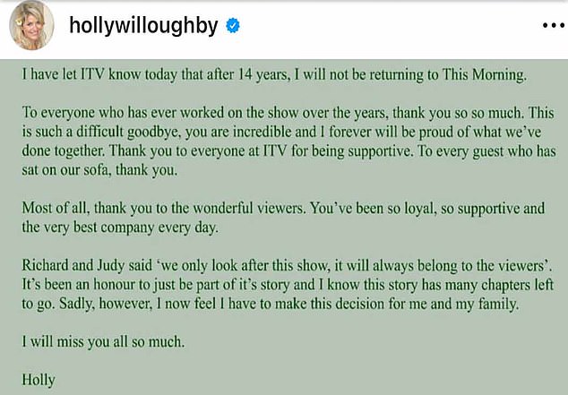 The presenter confirmed on Instagram today that she 'will not be returning' to the show