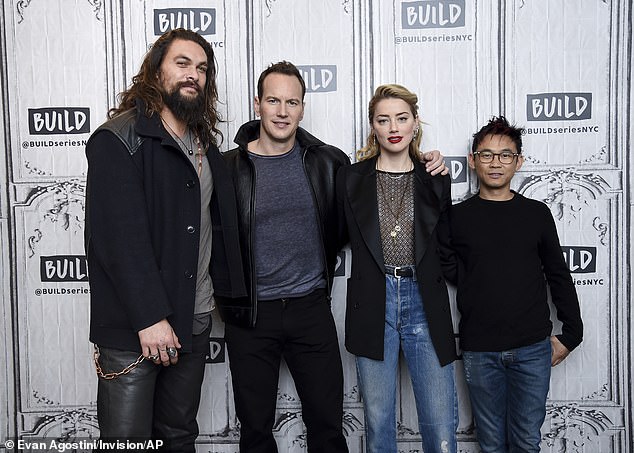 Director: The notes also saw Heard take aim at the film's director James Wan (pictured far right with Heard, Momoa and Patrick Wilson in 2018) and claim she was treated poorly due to her legal battle with Depp - the actress reportedly said : 'He raised his voice @ me'