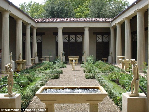 This image shows a reconstruction of a Roman courtyard fountain in Pompeii dating to the 1st century AD