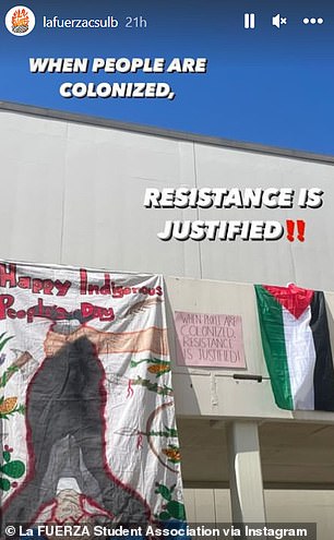 In a caption of the Tuesday event, La Fuerza wrote: 'Join us and CSU Students United Against Apartheid tomorrow at the Central Quad from 1:30 ¿ 4:30'