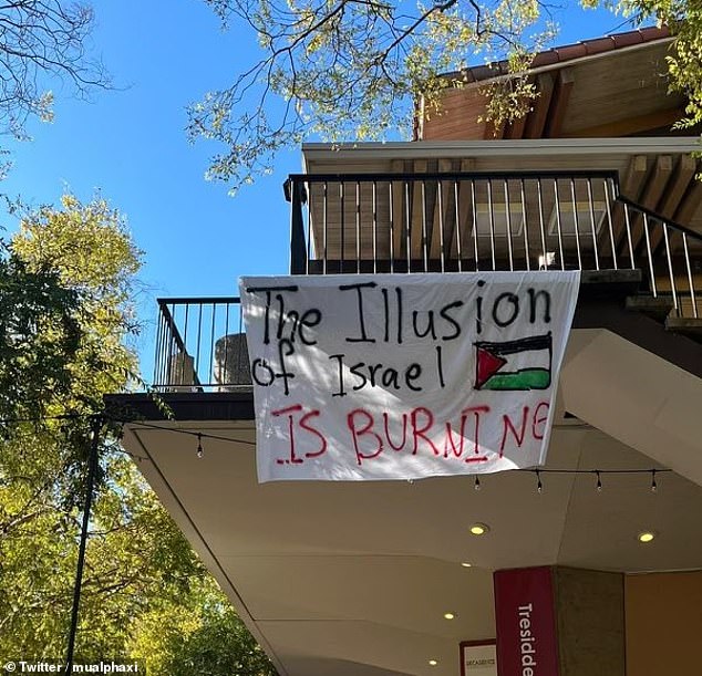 Stanford University students hung bed sheets with slogans defending Hamas