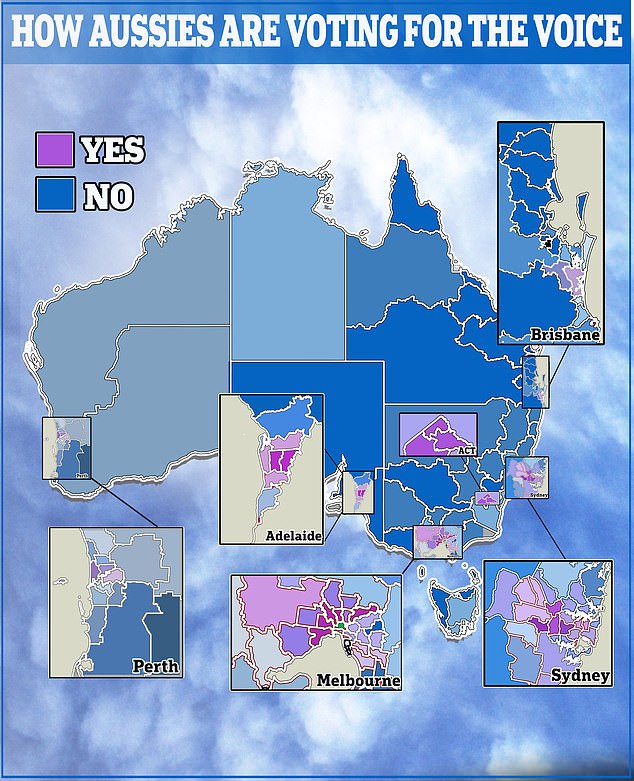 Just 22 electorates (darkest purple on the map) are on track to vote Yes in the upcoming Indigenous Voice for Parliament referendum, according to a survey by an international polling group, but there are a further 15 electorates (light purple on map) who are very close to a Yes vote with 47 percent support or more