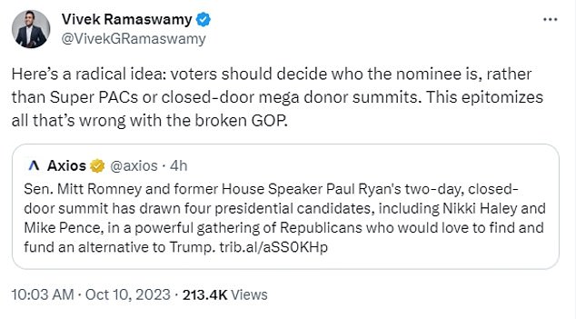 Biotech entrepreneur Vivek Ramaswamy, who consistently polls the top five candidates, said summits like E2 with Romney and Ryan are what's 