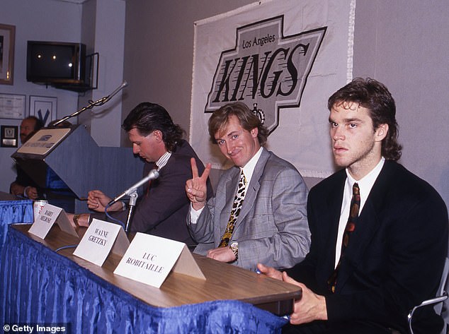 Melrose (left) is pictured alongside Kings stars Wayne Gretzky (center) and Luc Robitaille