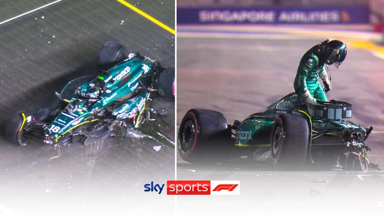 Lance Stroll has a huge crash in his Aston Martin in the final corner during Singapore GP qualifying