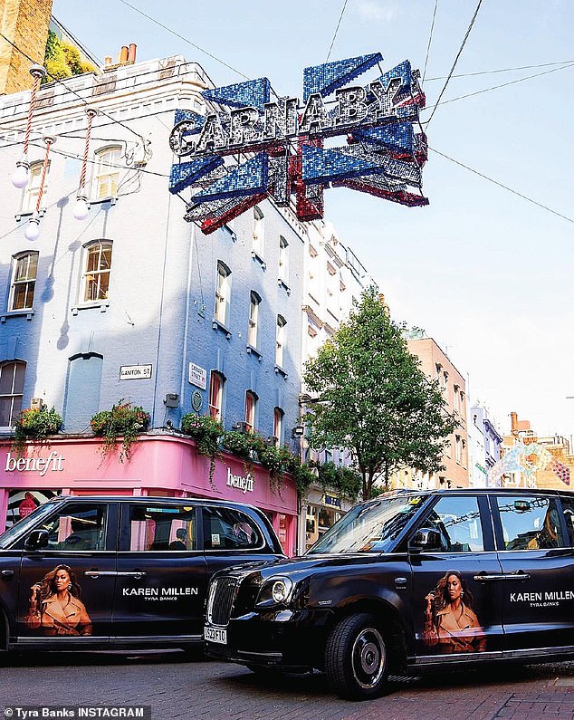 Across the pond: Tyra's Karen Millen campaign is also featured on taxis in the UK