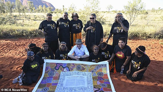 The breakfast radio stars were joined by Prime Minister Anthony Albanese on Wednesday morning as he continued his media drive to drum up support for the proposed constitutional amendment.  Albanese was photographed during the YES23 Uluru trip