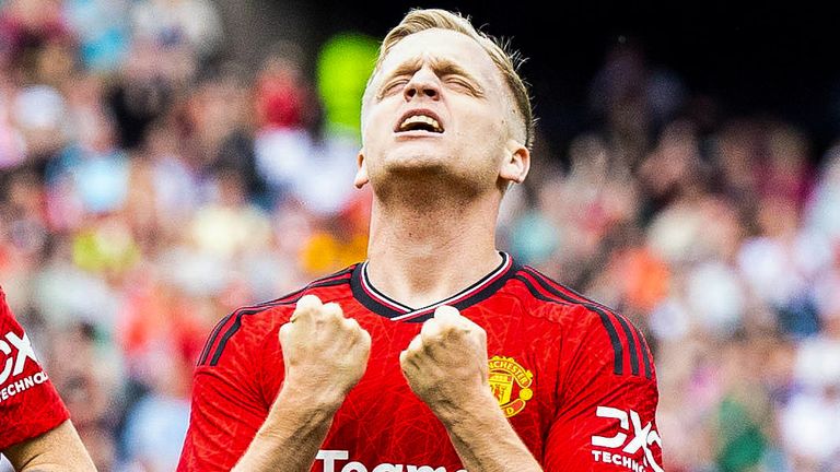 EDINBURGH, SCOTLAND – JULY 19: Donny van de Beek of Manchester United celebrates scoring 1-0 during a pre-season friendly match between Manchester United and Olympique Lyonnais at Scottish Gas Murrayfield on July 19, 2023, in Edinburgh, Scotland.  (Photo by Ross Parker/SNS Group)