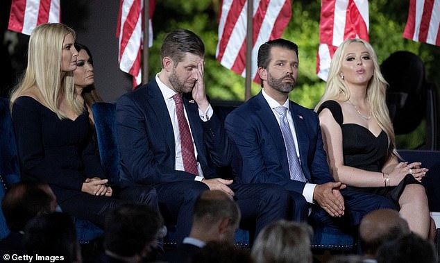 Tiffany Trump (r) is a lawyer.  She is pictured with Ivanka, Eric and Donald Trump Jr. during the 2020 Republican National Convention during their father's acceptance speech