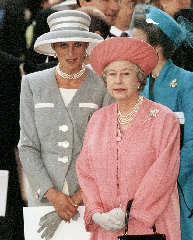 Queen Elizabeth II and Princess Diana leave the wedding of Viscount Linley and Serena Stanhope in 1993