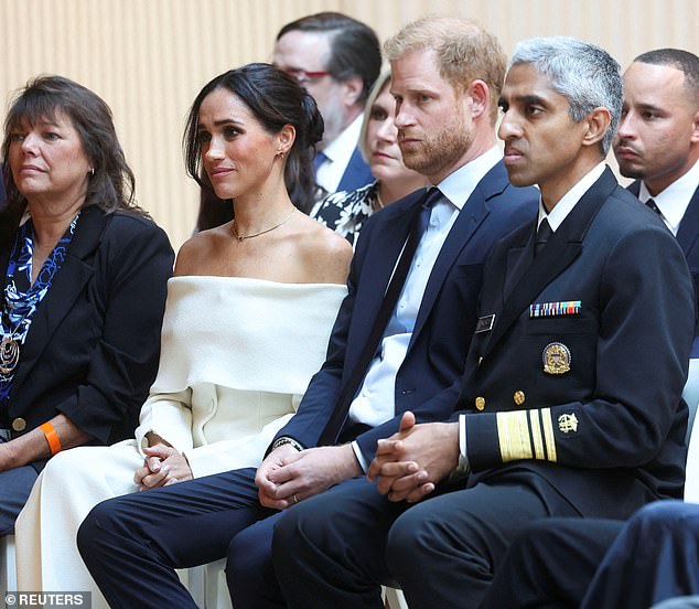 Both Meghan and Harry appeared somber as they sat down at the event, which will see parents who have 'suffered loss related to their child's social media use'.