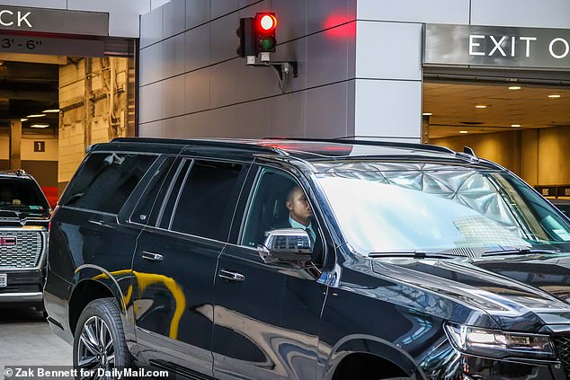 The couple's convoy of seven blacked-out vehicles was seen on the streets of Manhattan on Tuesday