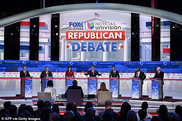 Hogan said that the former U.N. Ambassador.  Nikki Haley (third from right) is 'on the rise' while Florida Gov. Ron DeSantis (center) 'continued to fail' as they vie for the 2024 GOP nomination