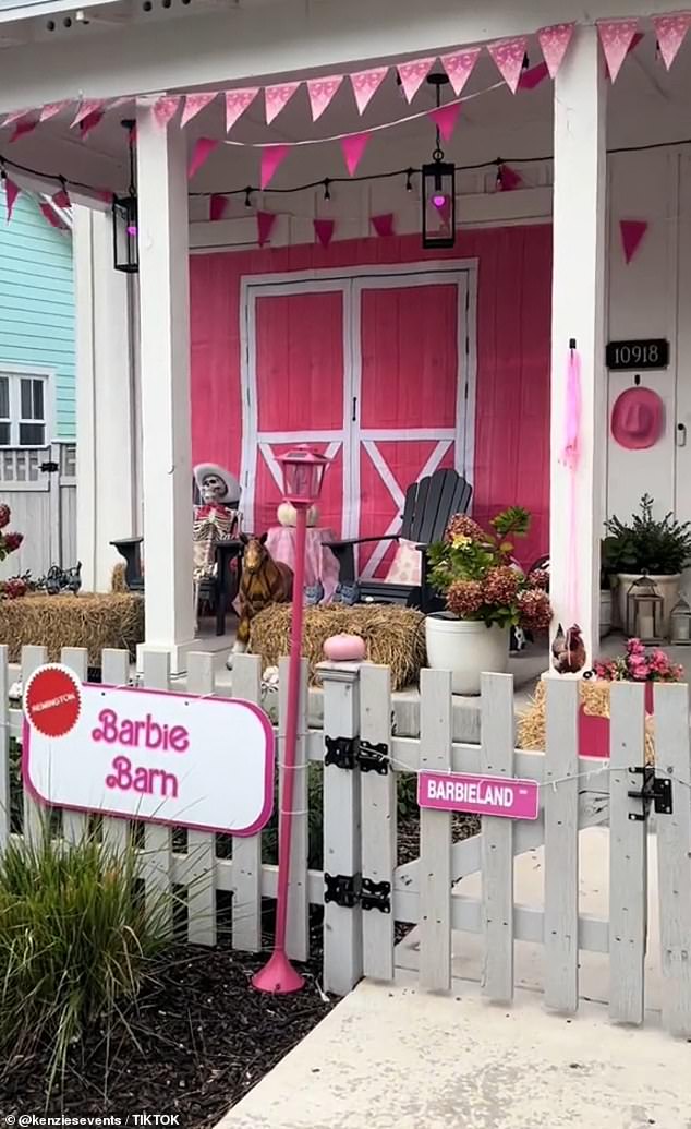 Barbie's Barn featured pink and white wooded double doors, a skeleton with a handkerchief and cowboy hat, a pony sculpture and haystacks