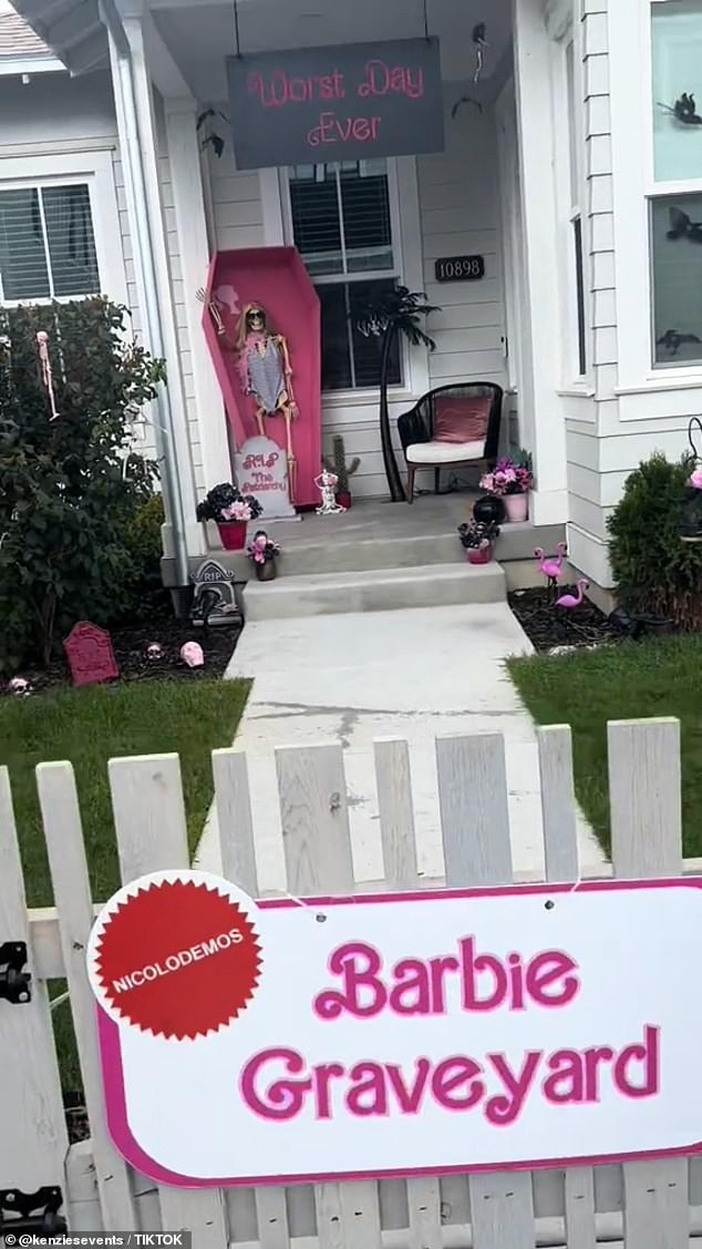 The Barbie Graveyard House features a waving skeleton in a one-piece bathing suit with glasses, a blonde wig and a pink feather boa in a coffin