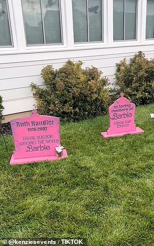 Outside the house is a tombstone that reads: 'In loving memory of Barbie: Ideas last forever', along with a Ruth Handler one who was the doll's inventor