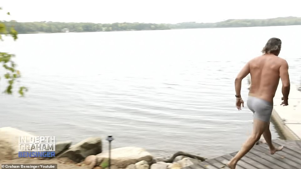 Take a dip: He likes to swim in the lake regularly as he demonstrated in the video