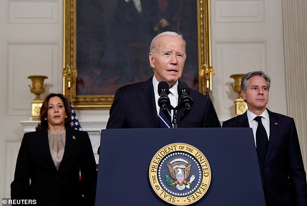 US President Joe Biden, accompanied by Vice President Kamala Harris and US Secretary of State Antony Blinken, makes comments after speaking on the phone with Israeli Prime Minister Benjamin Netanyahu.