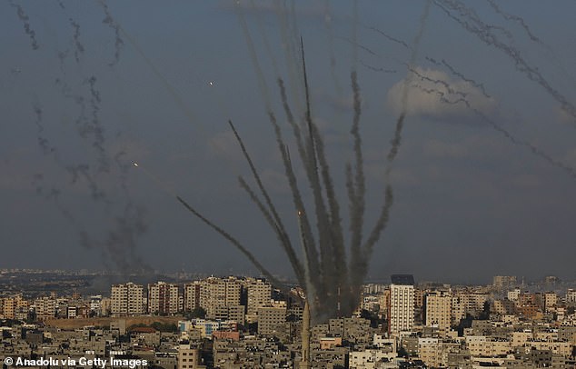 A view of rockets fired by Palestinians in Israel's Ashkelon city as clashes continue between Israeli forces and armed Palestinian terrorist groups