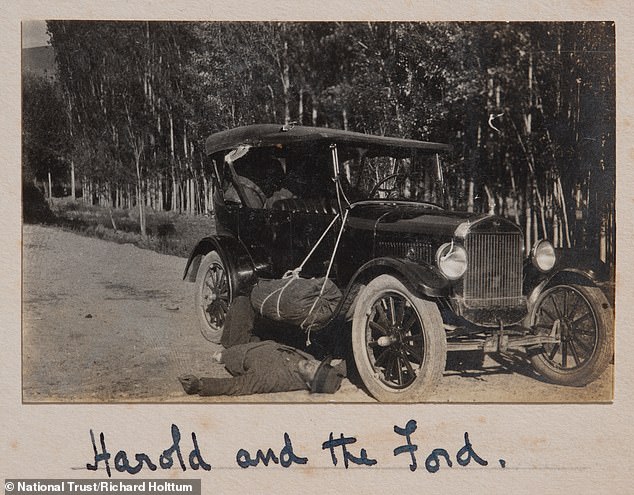 Nicholson is seen lying next to the couple's Ford car which they used on the trips in Persia