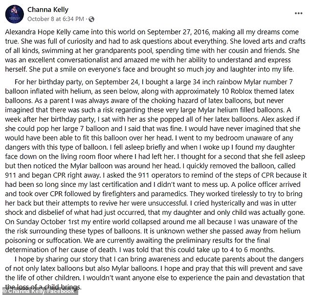 'For a moment I thought she had fallen asleep, but then noticed that the Mylar balloon was around her head.  I quickly removed the balloon, called 911 and immediately began CPR.  I asked the 911 operators to remind the steps of CPR because it had been so long since my last certification and I didn't want to mess up, Kelly said