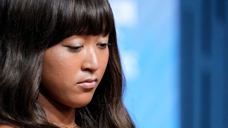 Naomi Osaka speaks during a mental health forum at the US Open tennis championships, Wednesday, September 6, 2023, in New York.  (AP Photo/Mary Altaffer)