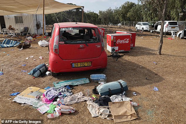 A photo taken on October 10, 2023 shows the deserted site of the weekend attack on the Supernova desert music festival by Palestinian militants near Kibbutz Reim in the Negev desert in southern Israel.