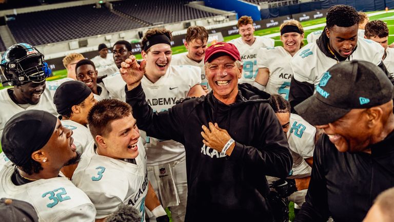 NFL Academy head coach Steve Hagen celebrates with his team (Image: NFL UK)