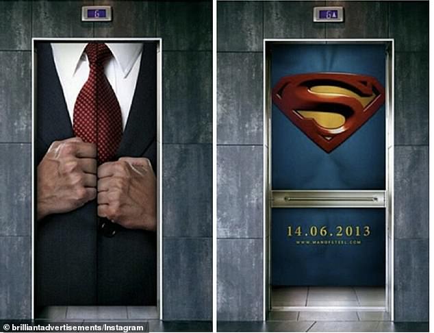 The clever Man of Steel movie ad shows elevator doors designed to look like an average man in a suit, but when the elevator doors open, the Superman chest logo appears