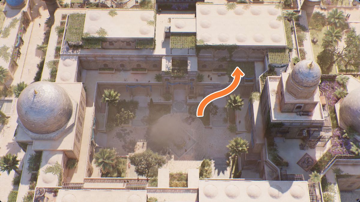 The symbol of Assassin's Mirage shot overhead of the House of Wisdom with the way to the open window on the second floor marked.