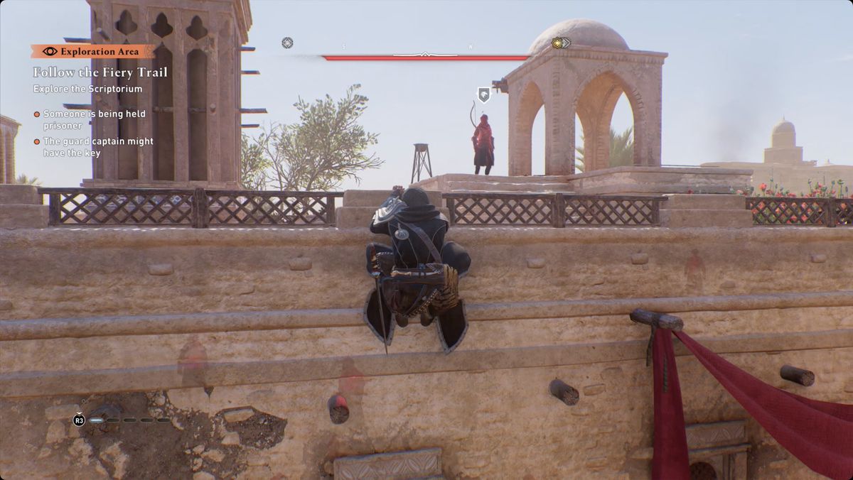 Assassin's Creed Mirage Basim approaching lason on the roof of the library.
