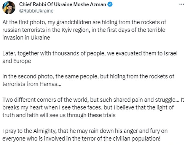 Moshe Azman, the chief rabbi of Ukraine who posted the images on Wednesday, said the photos showed 