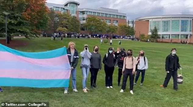 A dozen or so activists stood in the grass and displayed a trans pride flag