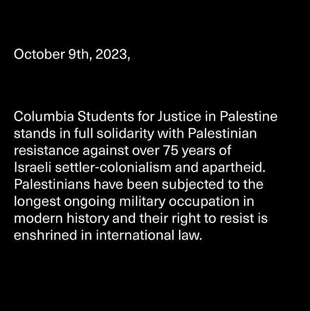 The first space of the statement released by the Students for Justice in Palestine and a Jewish Voice for Peace from Columbia University