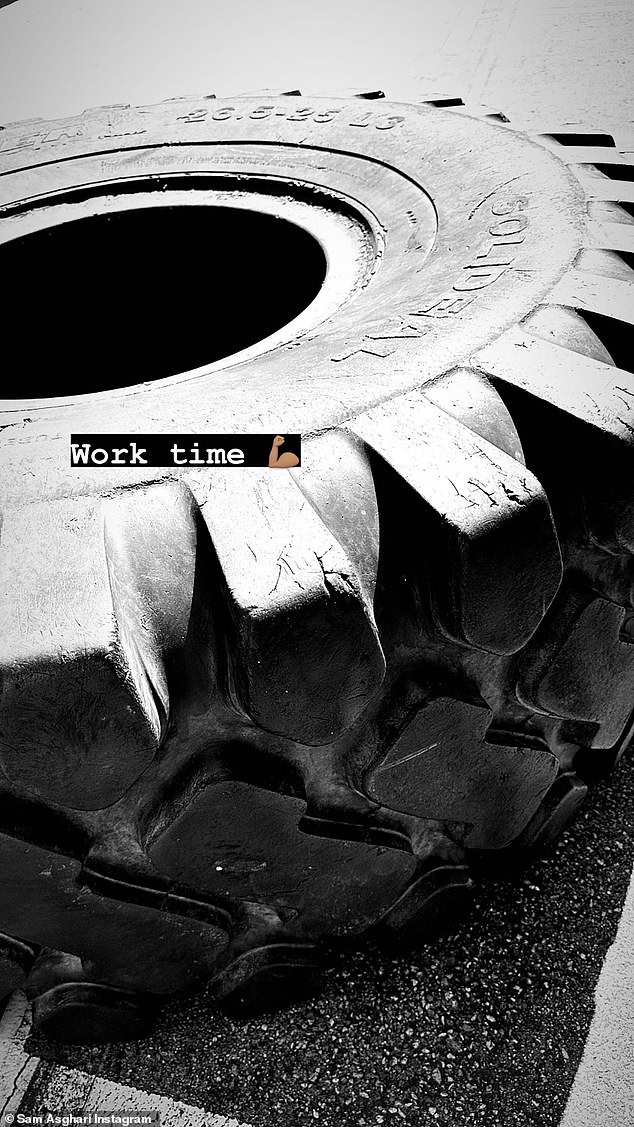 On roll: Asghari also shared a video of a tractor tire with the words 'Working Time'