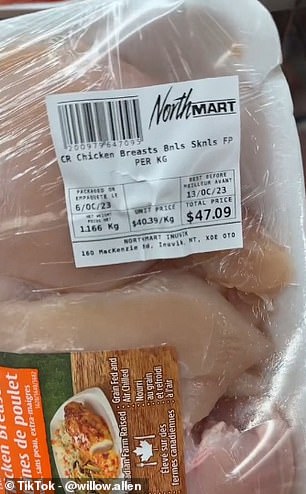 The tipping point is a pack of four chicken breasts at C$47.09 ($34.60)