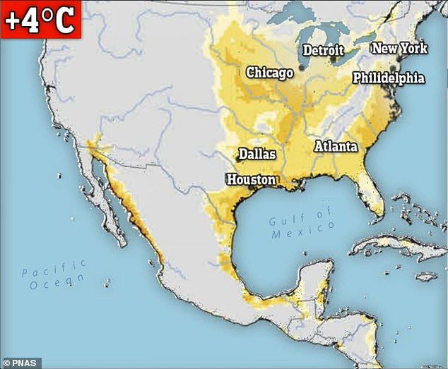 Scientists warn that the US East Coast and Central America could become uninhabitable by 2100 due to rising global temperatures.  Above, a map of areas likely to see between 3 and 56 hours of life-threatening temperatures per year, if average global temperatures rise 4 degrees Celsius.