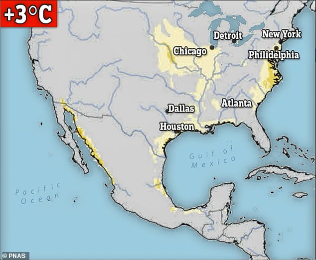 Above, a map of the regions likely to see between 3 and 24 scorching hours of life-threatening temperatures annually, if average global temperatures rise by 3 degrees Celsius.