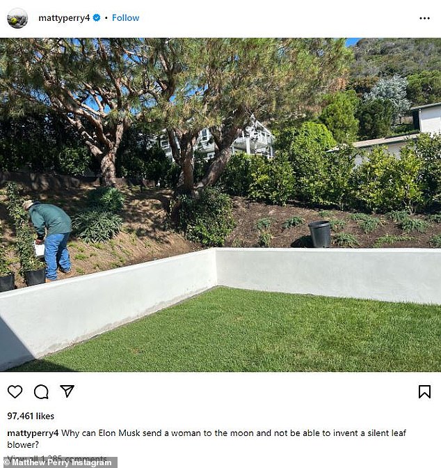 Lawn care: Matthew asked if Elon could invent a quiet leaf blower while posting a photo of someone working on his lawn