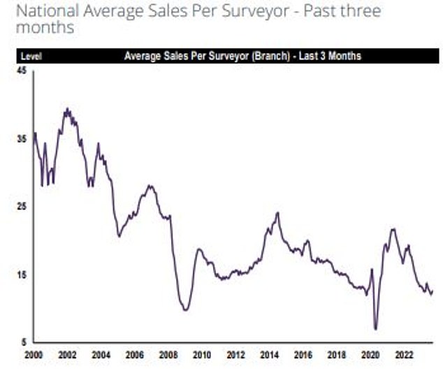 Down: Each estate agent branch averaged fewer than 15 sales in the past three months, according to Rics research