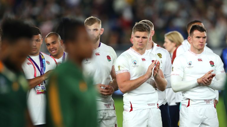 Owen Farrell and his England teammates look on after defeat to South Africa in the 2019 Rugby World Cup final
