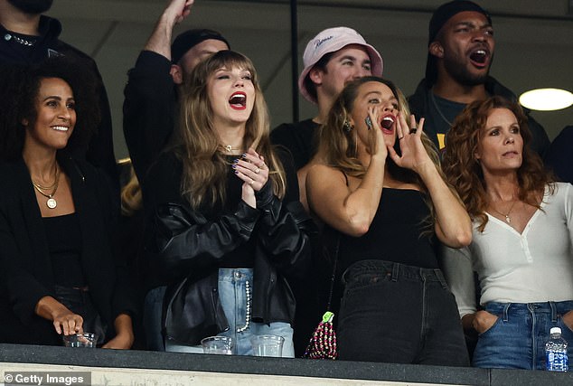 The thrill of it all: Less than two weeks on, Taylor watched Travis and his fellow Chiefs take on the New York Jets at MetLife Stadium in East Rutherford, New Jersey (pictured)