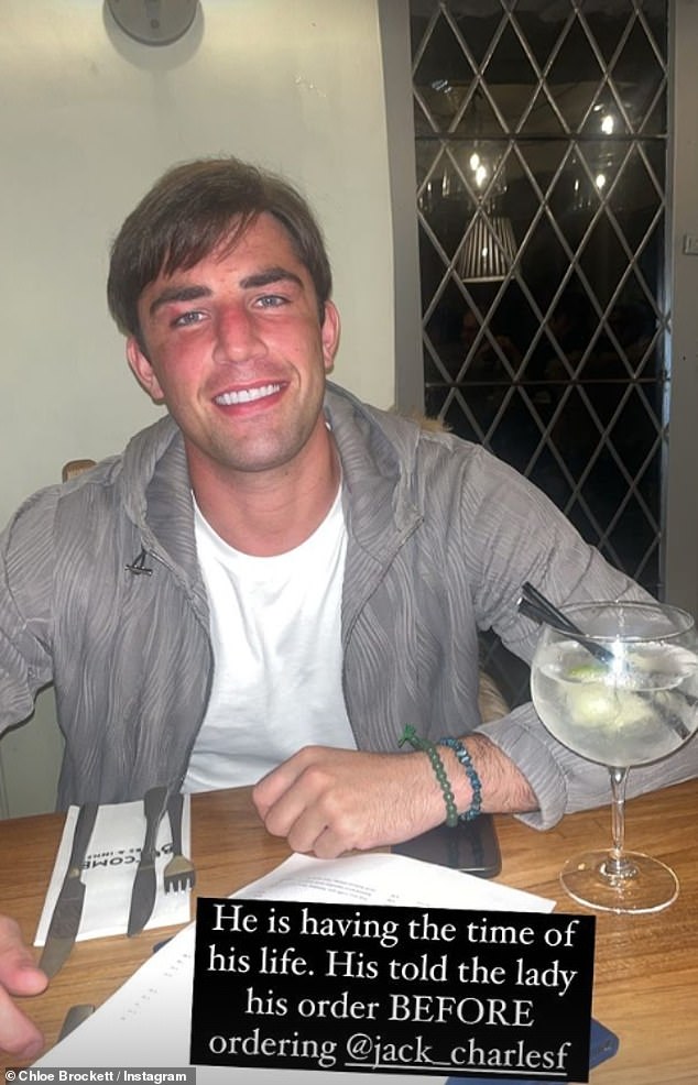 Ate: As they sat in the restaurant, Jack beamed as he posed for the camera and enjoyed a gin and tonic, with Chloe adding the caption: 'He's having the fun of life.  His told the lady his order BEFORE he ordered (sic)'