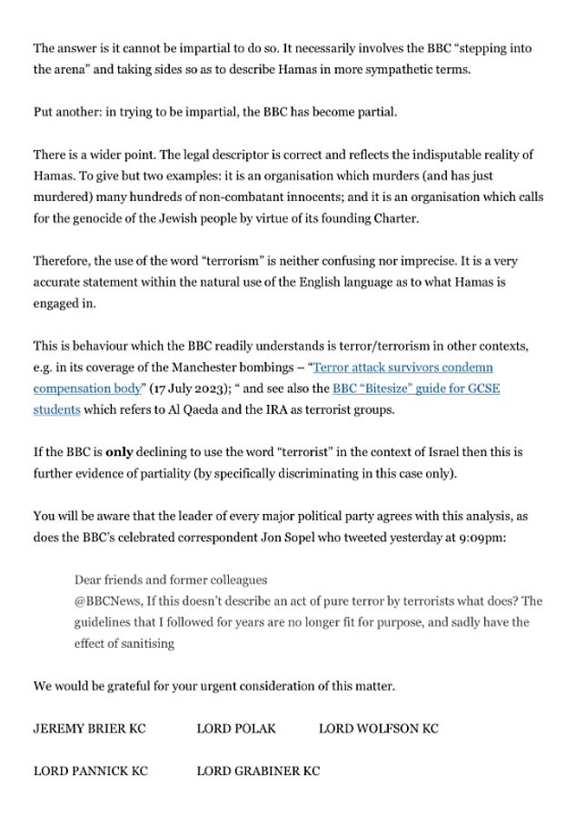 Four of Britain's top lawyers have complained to Ofcom about the BBC's refusal to label Hamas as 'terrorists' after its attacks on Israel.  They signed a letter with Lord Polak, honorary president of the Conservative Friends of Israel