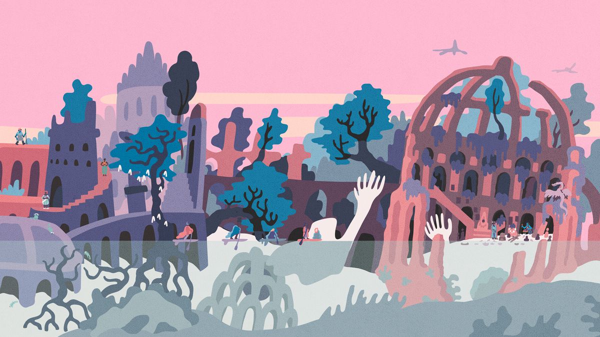 An image showing Grace.  The scene is risograph-esque, which makes the temple look like it's from a storybook.  It is covered with fallen statues, torn trees, and moss.  It is painted in soft pink and blue colors.